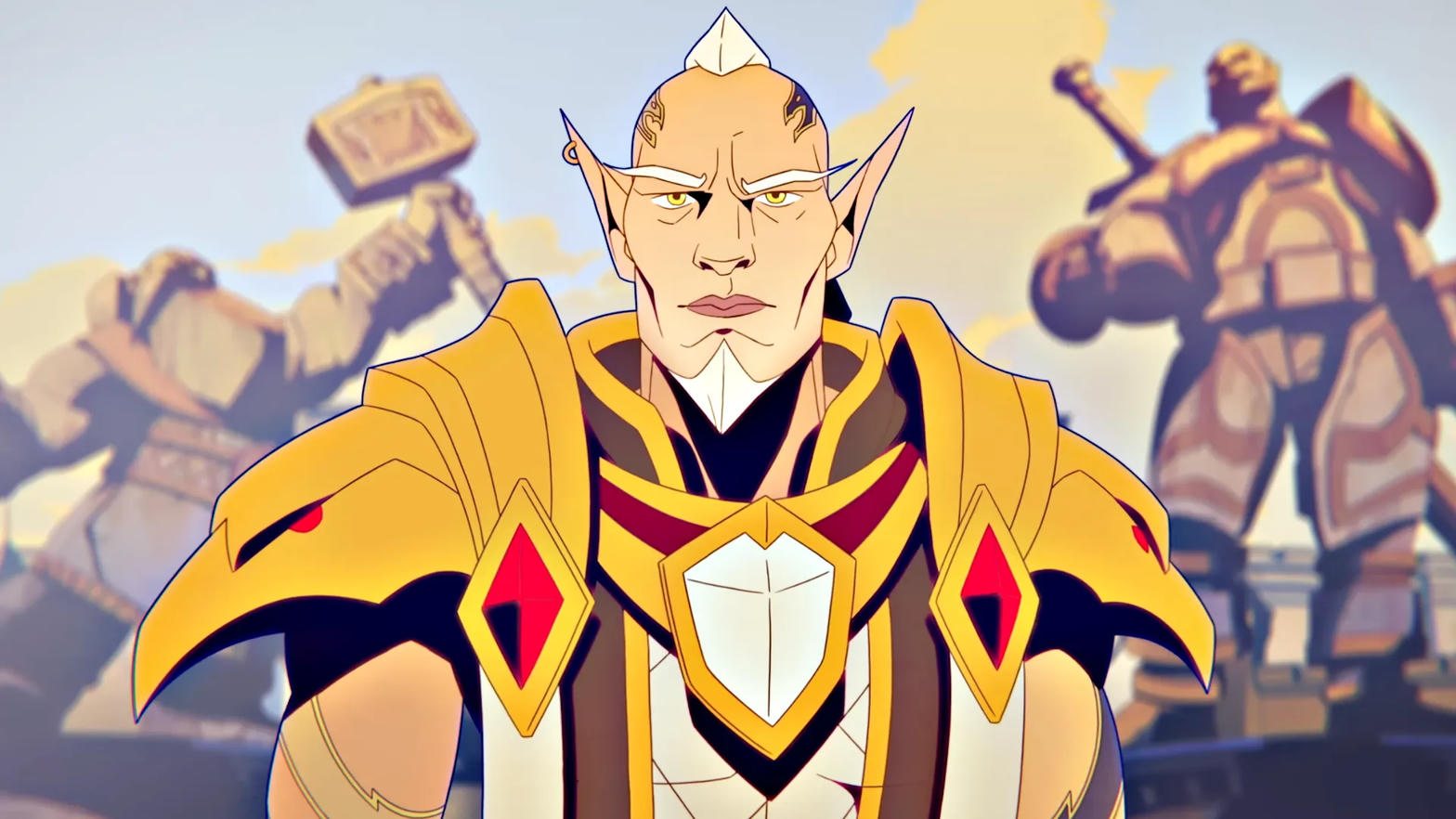 Animated portrait of adult Arator: half-elven, gold eyes, white and gold armor with red gems. Army of the Light figures stand behind him.