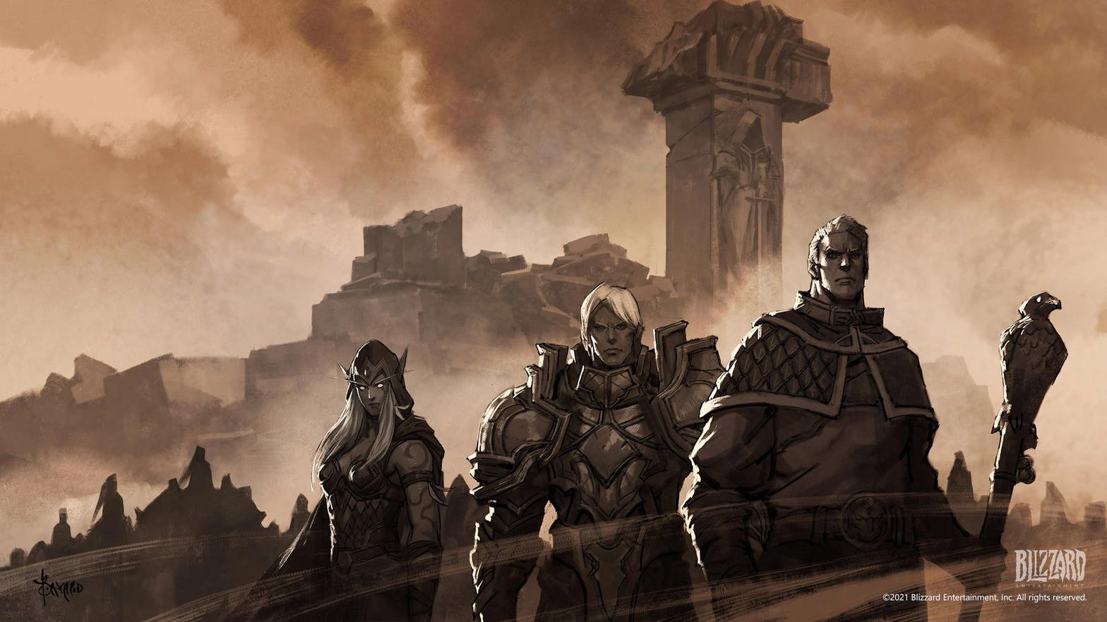 Alleria Windrunner, Turalyon in plate, and Danath Trollbane with a falcon on his staff, standing before a ruined monument.