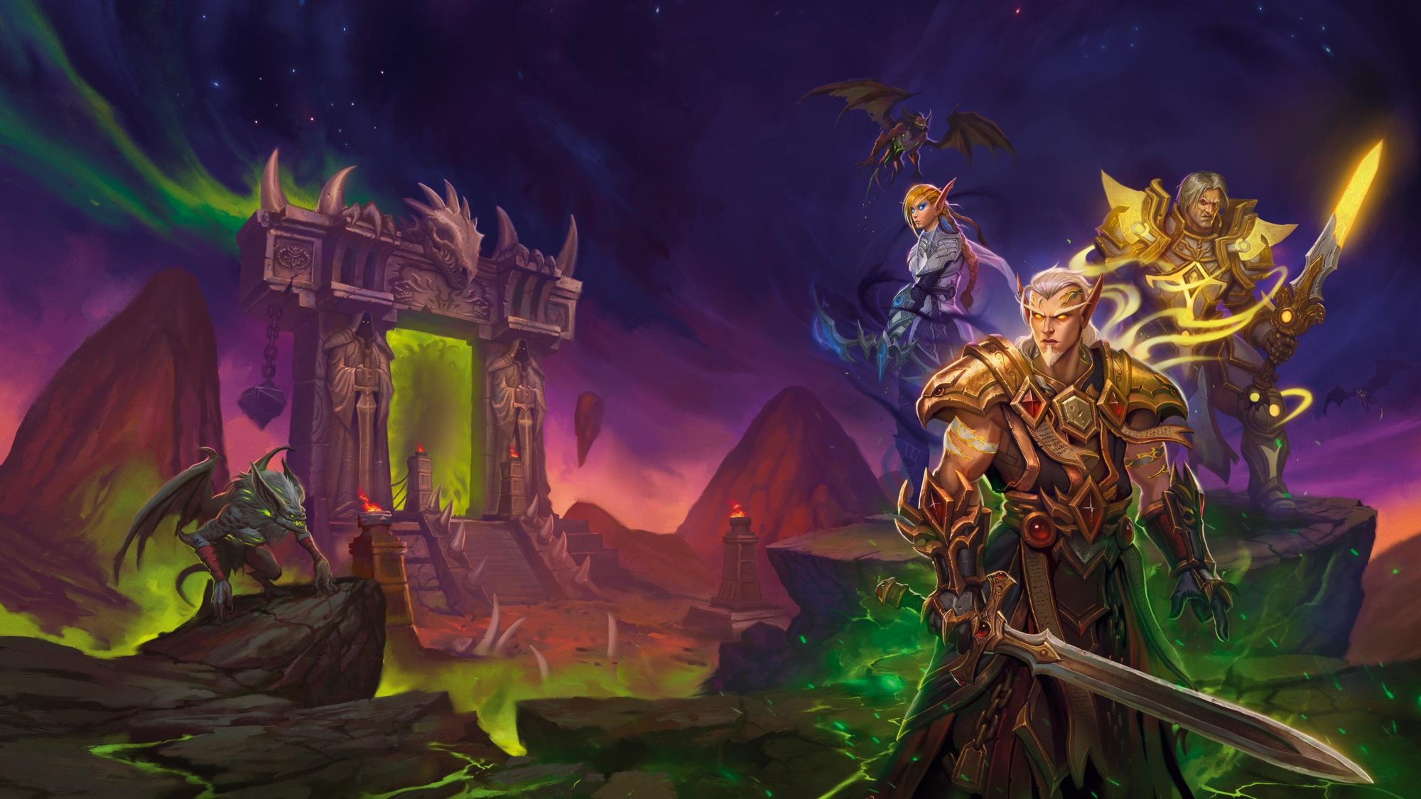 Arator in the foreground with a sword, Alleria behind him trailed by void, Turalyon further back with a blade of Light. A green portal stands in a red waste.