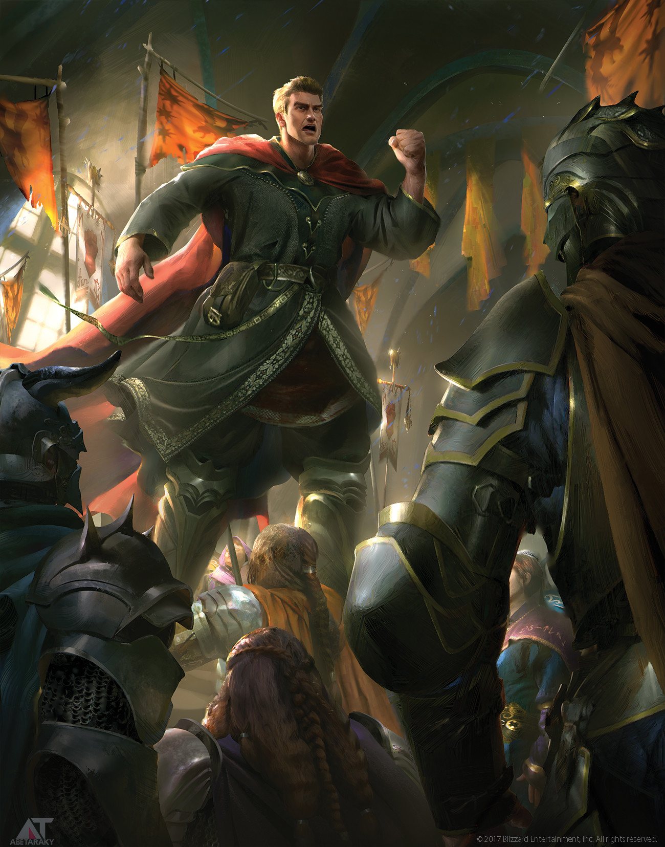 Turalyon in a red cloak stands above a crowd of armored leaders in a banner-hung hall, fist raised, mouth open in a speech.