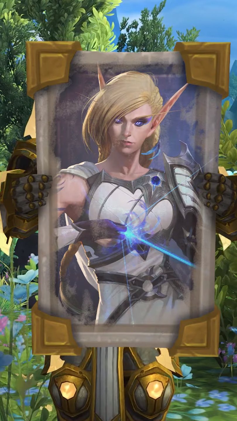 A painted portrait of Alleria Windrunner, held up outdoors in a gold frame. She wears white and silver, with a thread of void-light across the picture.