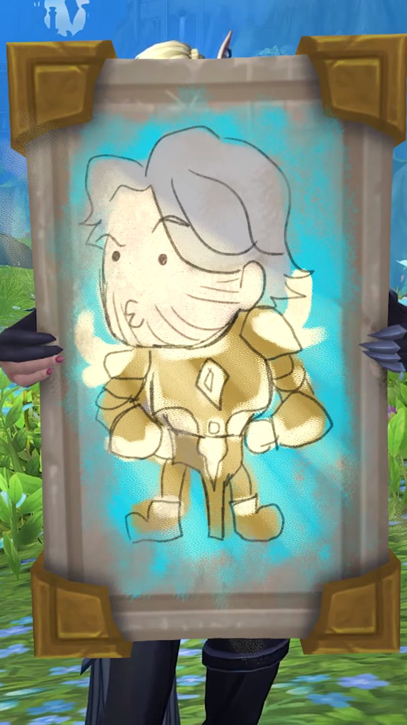 Alleria holds a gold frame. Inside is her cartoon of Turalyon: white hair, a small smile, and a lump of gold armor.