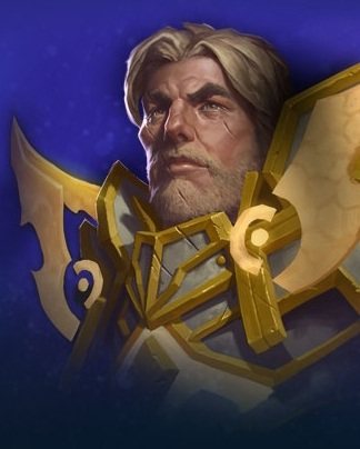 Painted bust of Turalyon, blond hair gone pale, scarred, looking up, gold armor against a deep blue ground.