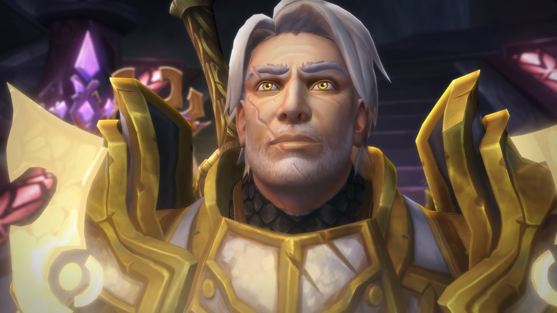 Close portrait of Turalyon with white hair, a scarred cheek, and eyes glowing gold, framed by the plates of his armor.