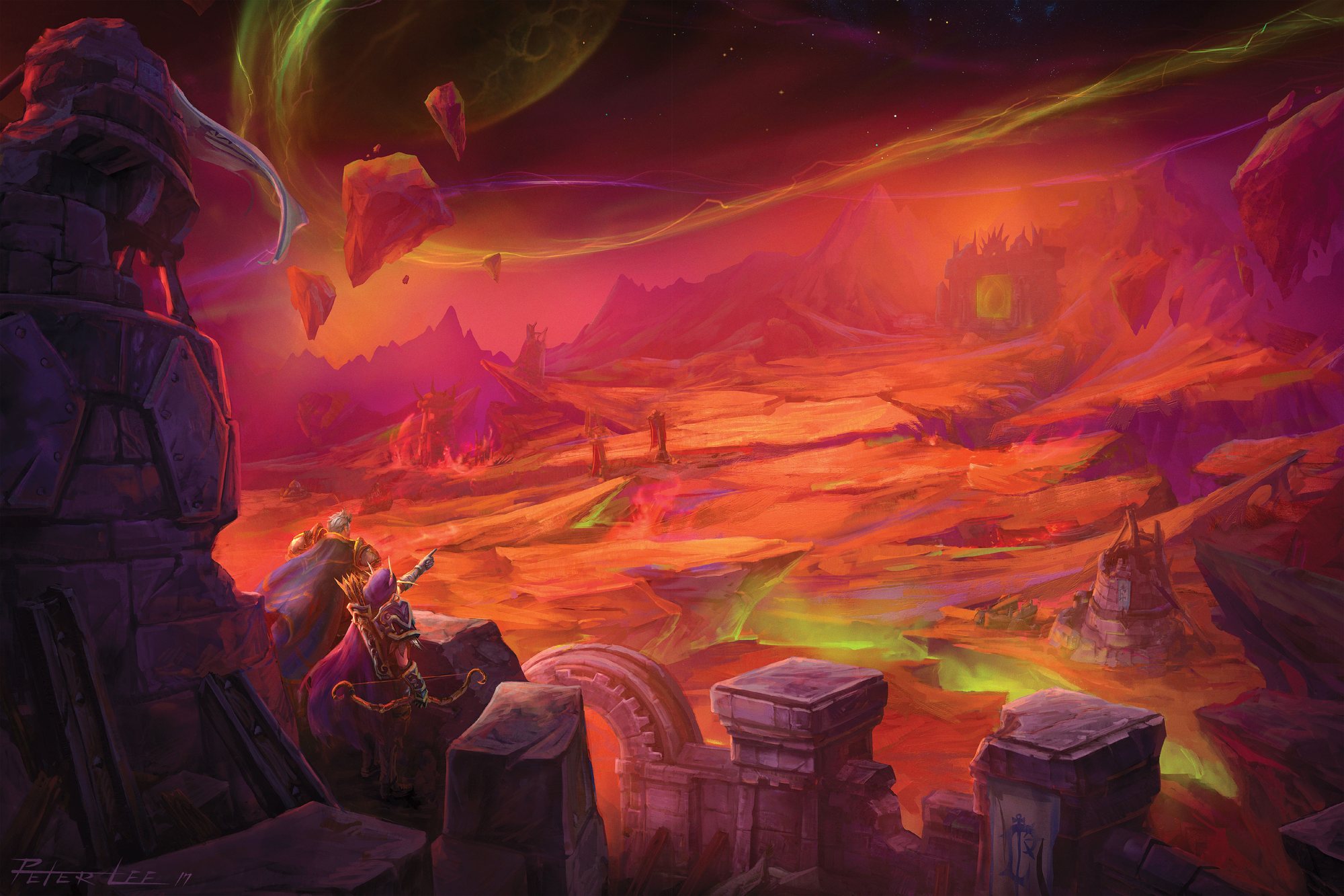 Turalyon and Alleria stand on a broken parapet above a red wasteland, looking toward a fortress under a cracked sky.