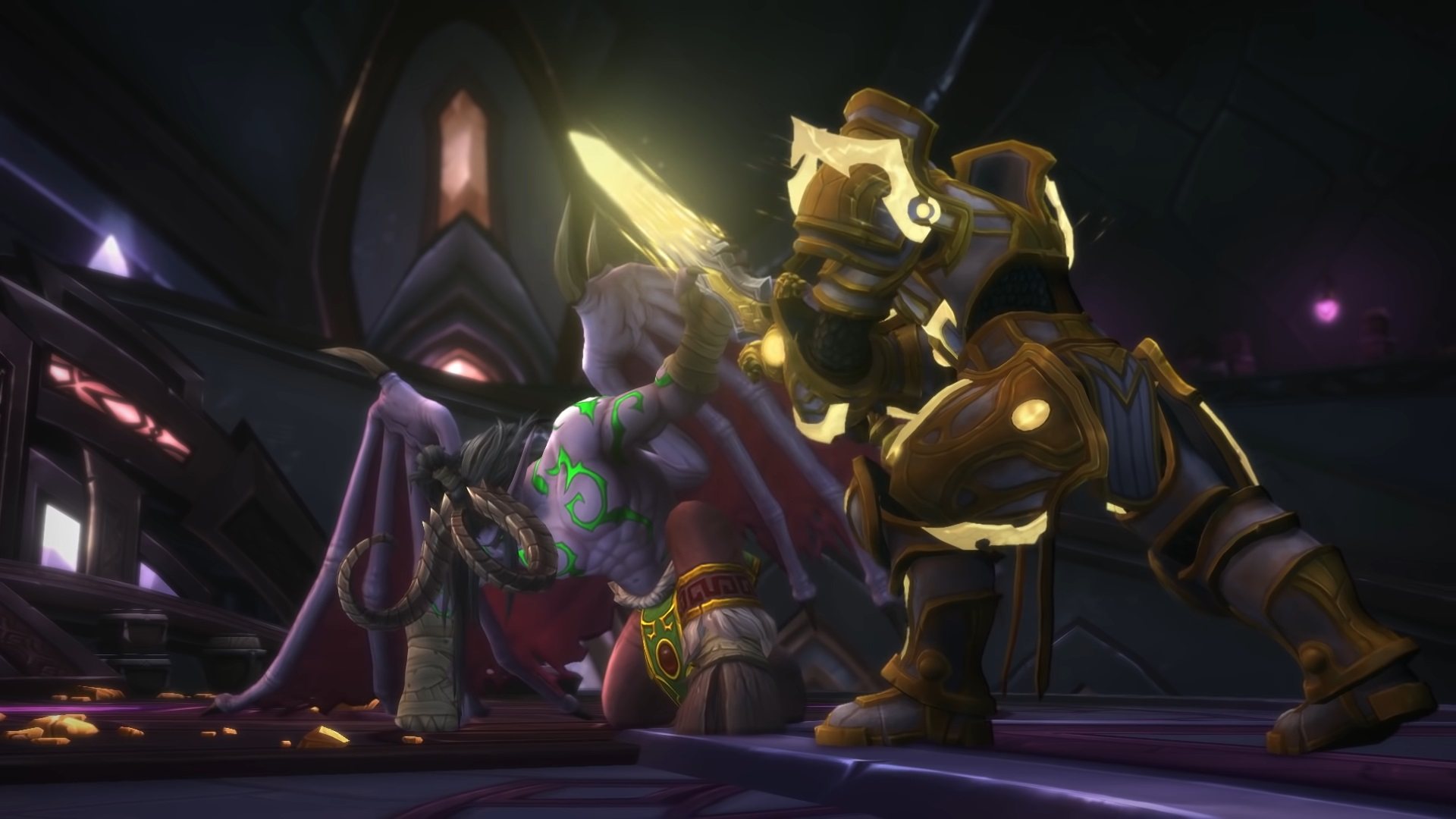 Turalyon in gold plate swings a sword of Light down at Illidan, who is on one knee with green fel marks across his skin.