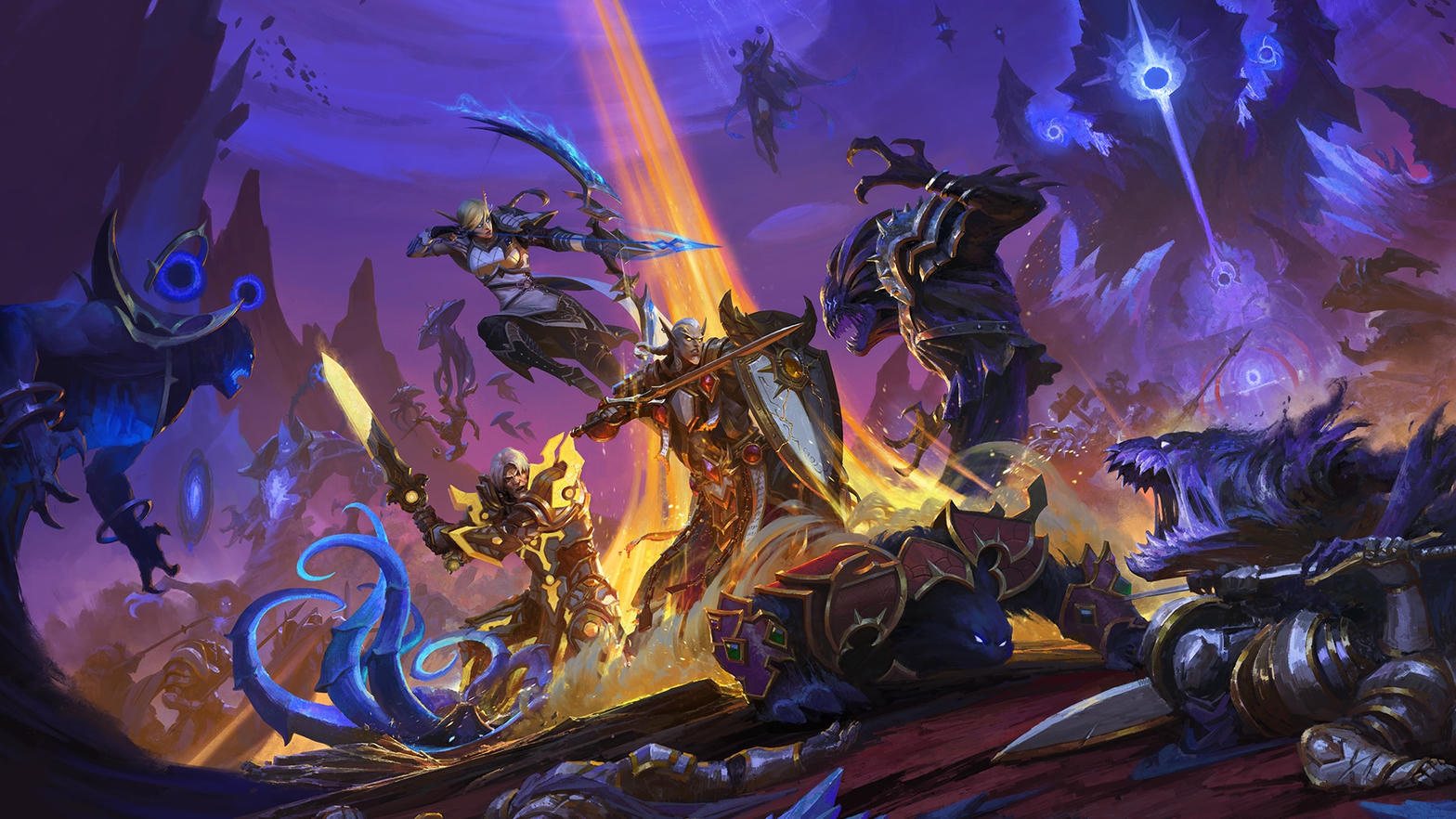 Alleria leaps with void-lit blades above Turalyon, who strikes with a sword of Light. Arator holds a shield between them. Void beasts close in under a purple sky.