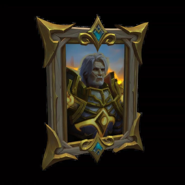 A framed painting of Turalyon’s head and shoulders in gold plate, set against a sunset, inside an ornate gold frame.