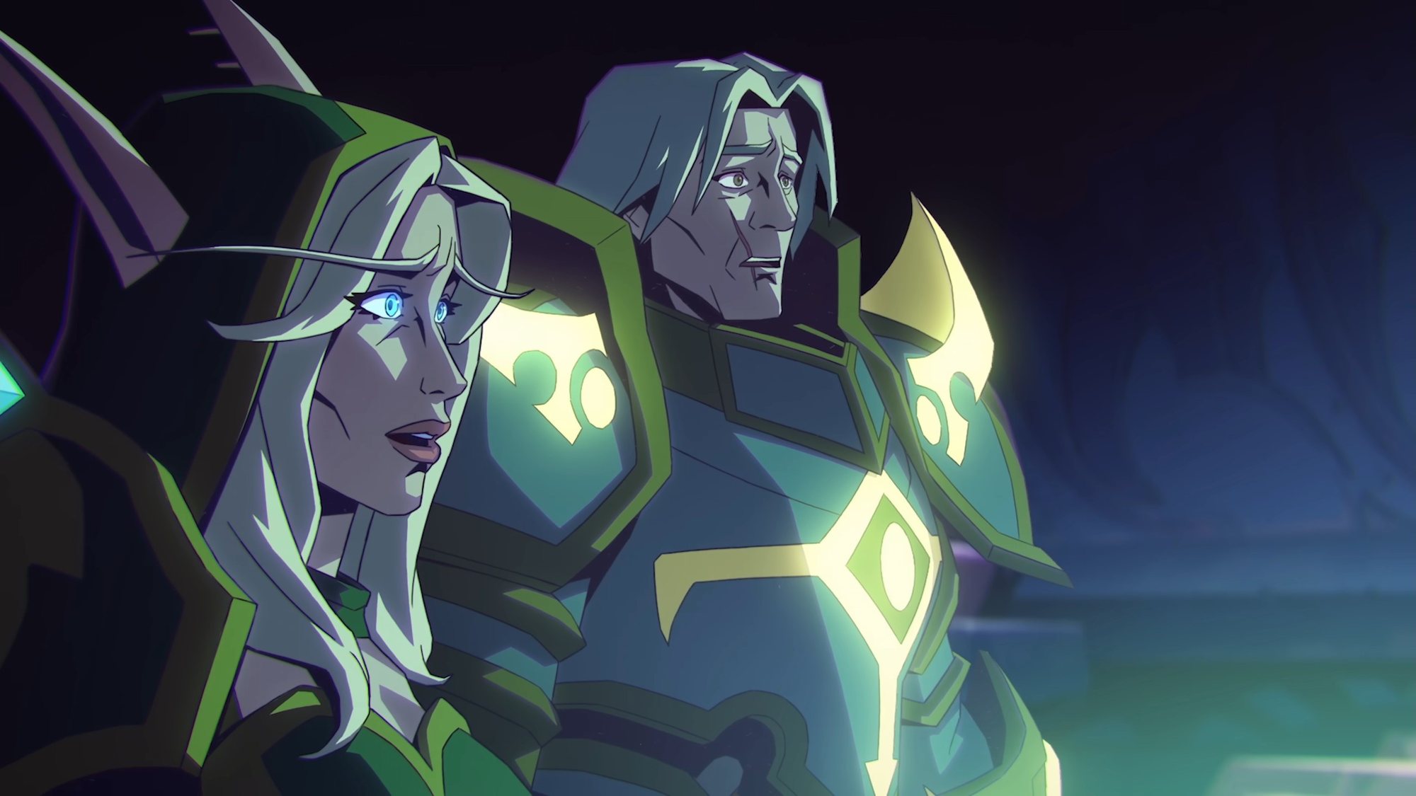Animated close-up of Alleria and an older Turalyon in Lightforged plate, both looking off to the side, her eyes bright and his face worn.