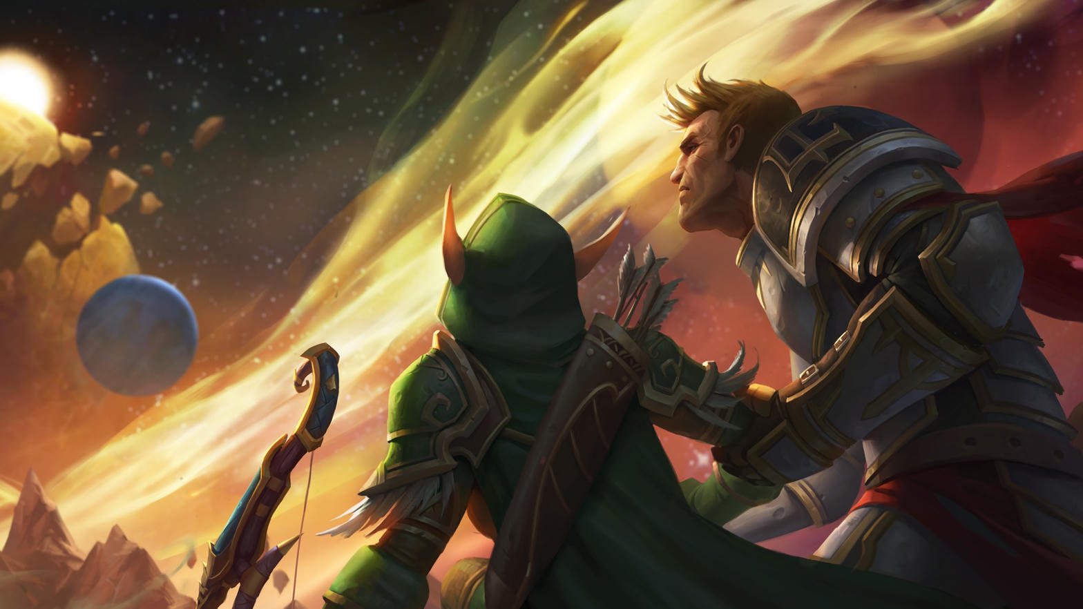 Turalyon in silver plate and a red cloak holds Alleria as a world breaks open in fire behind them. A blue planet hangs in the dark.
