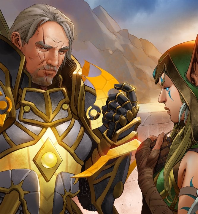 Comic panel of Turalyon in gold plate looking down at Alleria. His gauntlet is between them. Mountains behind.