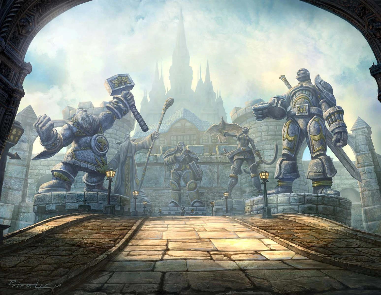 Five statues on the road into Stormwind: a dwarf with a hammer, a mage, a paladin, an elf with a bow and a bird, and a large warrior. Stormwind rises behind them.