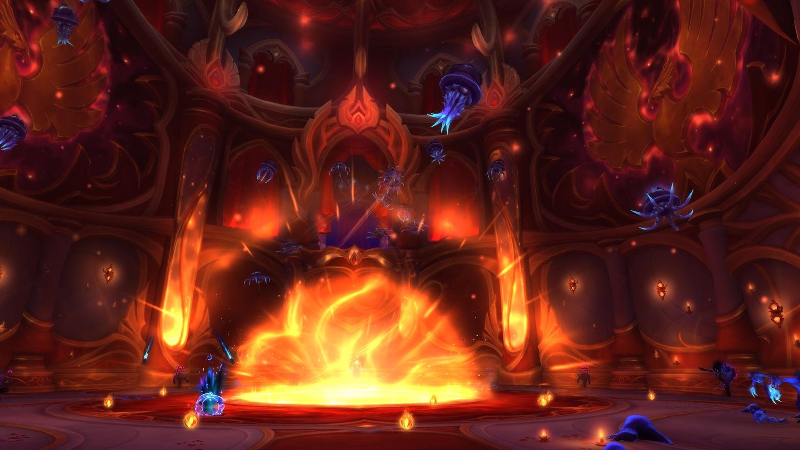 The Sunwell chamber, red and gold, with the well itself burning and small void creatures drifting through the air.