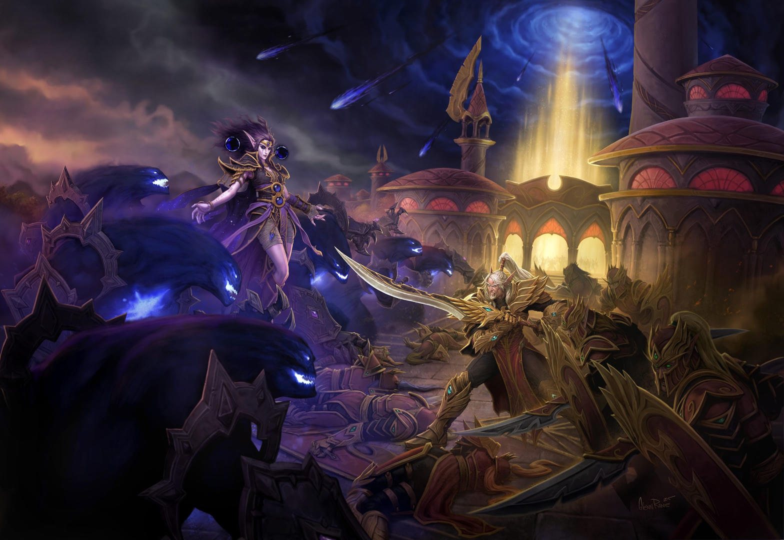 Alleria, wrapped in void and blue eyes, faces a host of shadow beasts outside a Quel’Thalas terrace. A white-haired elf with a curved sword fights in the foreground. A column of Light rises behind the domes.