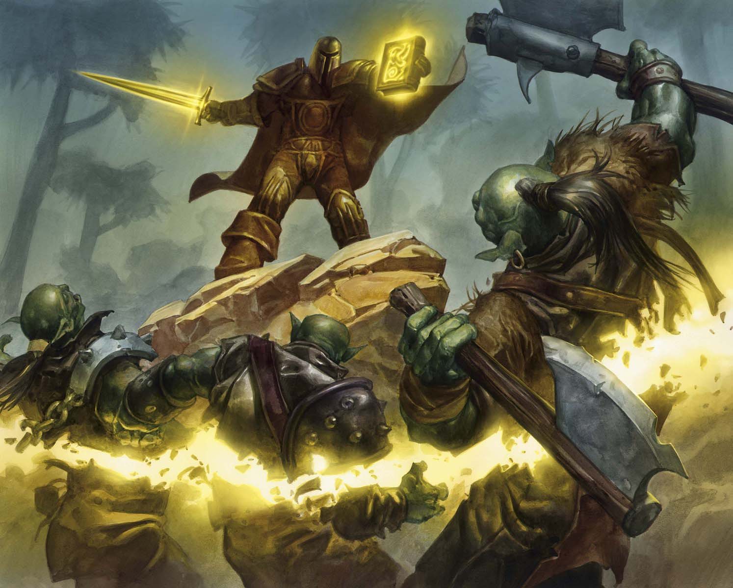 A closed-helm paladin stands on a rock with a glowing sword and a tome, cutting through green-skinned fighters in a forest.