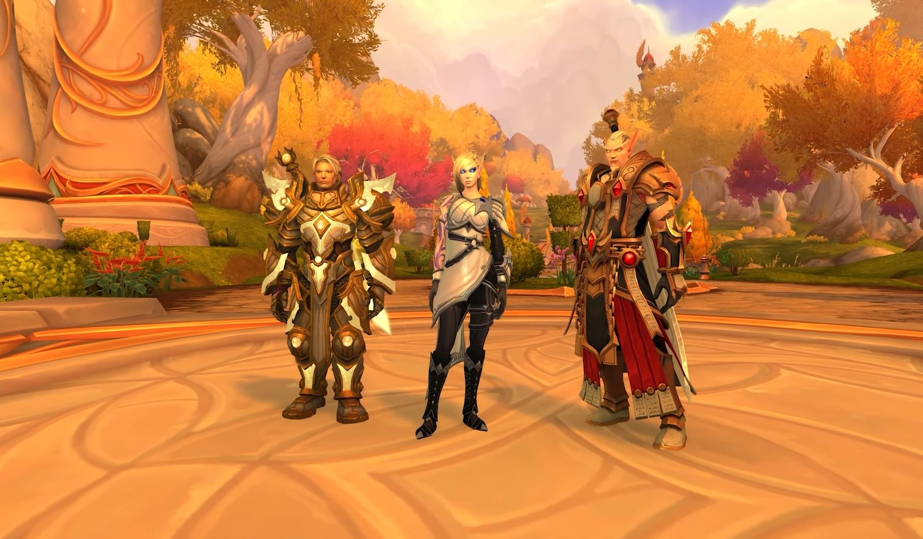 Turalyon, Alleria, and Arator stand together on a terrace in autumn light, in Quel’Thalas colors.